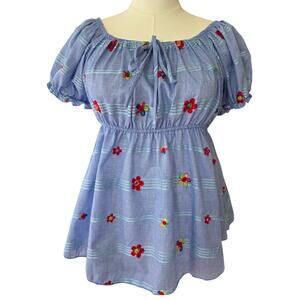 Junior Plus 2X Embroidered Peasant Top Boho Cottagecore Floral Puff Sleeve NWOT